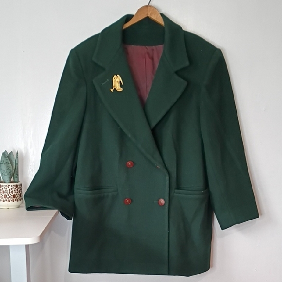 Dillards Jackets & Blazers - Dillard’s Green Double-Breasted Merino Wool Coat Women’s XL Angel Pin Vintage